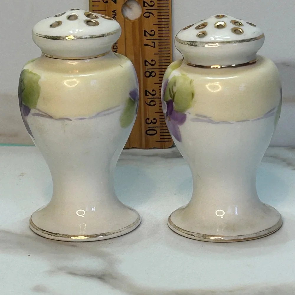 Vintage Nippon Hand Painted Porcelain Salt and Pepper Shakers Violets Gold